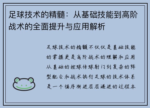 足球技术的精髓：从基础技能到高阶战术的全面提升与应用解析
