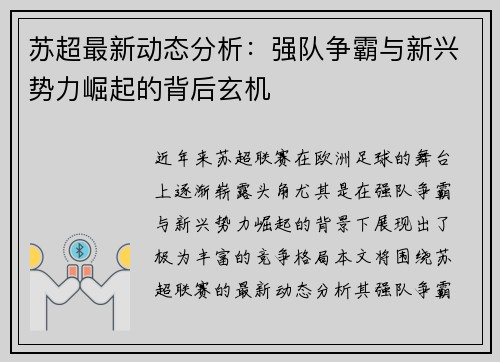 苏超最新动态分析：强队争霸与新兴势力崛起的背后玄机