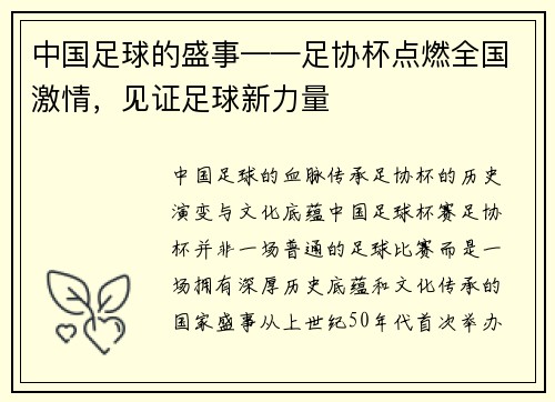中国足球的盛事——足协杯点燃全国激情，见证足球新力量
