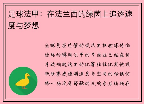 足球法甲：在法兰西的绿茵上追逐速度与梦想