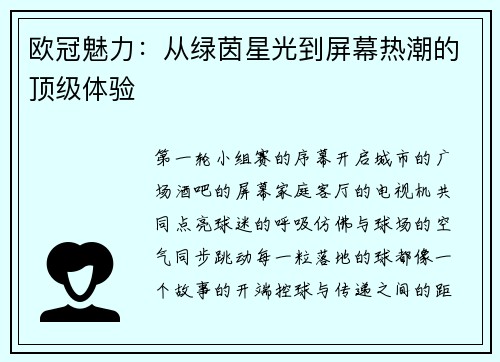 欧冠魅力：从绿茵星光到屏幕热潮的顶级体验