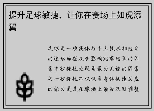 提升足球敏捷，让你在赛场上如虎添翼
